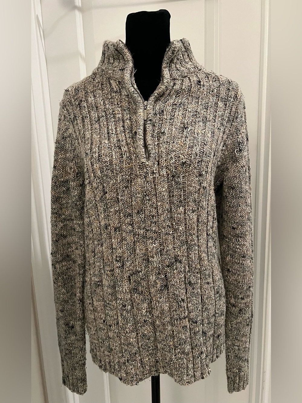 Liz Claiborne Women’s Marled Knit Quarter Zip Sweater Gray Taupe L